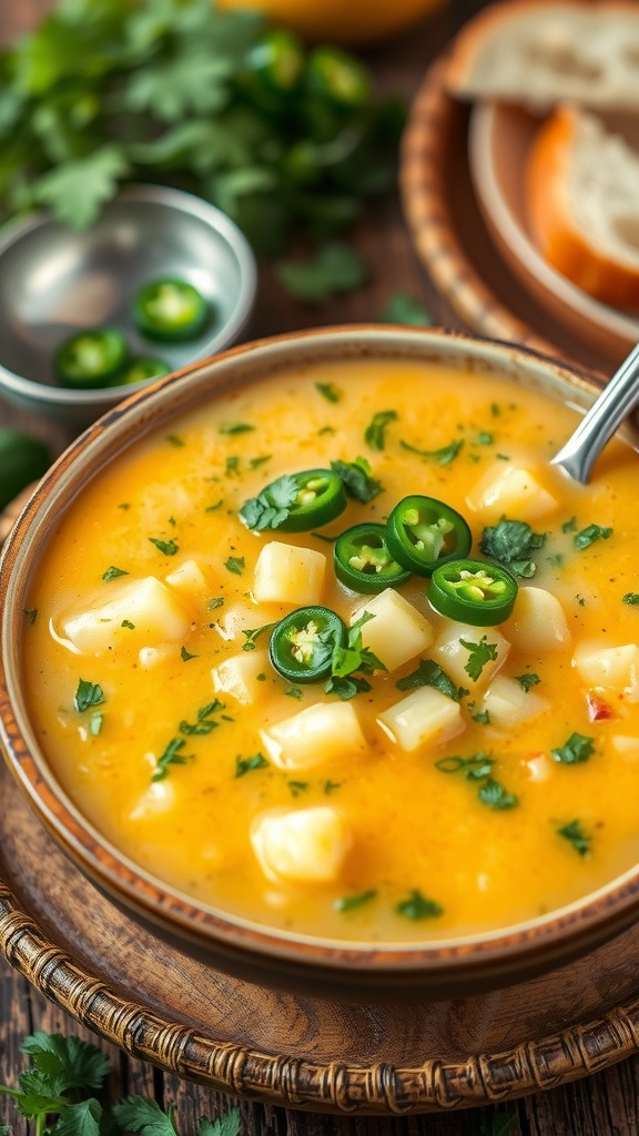 A bowl of creamy potato jalapeño soup with cilantro garnish and crusty bread on a rustic table.